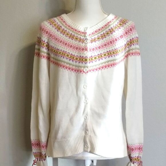 Tiara International Cross stitch print Sweater Cardigan button down Large *Vtg* - Picture 1 of 12